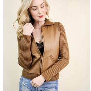 90s Brown Leather & Ribbed Knit Vintage Jacket
